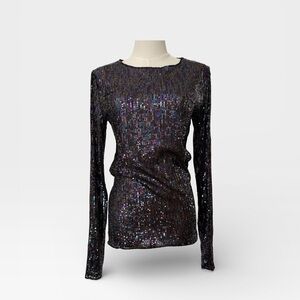 Blue Iridescent Sequin Semi-Sheer Long Sleeve Top – Size Medium| NWT
